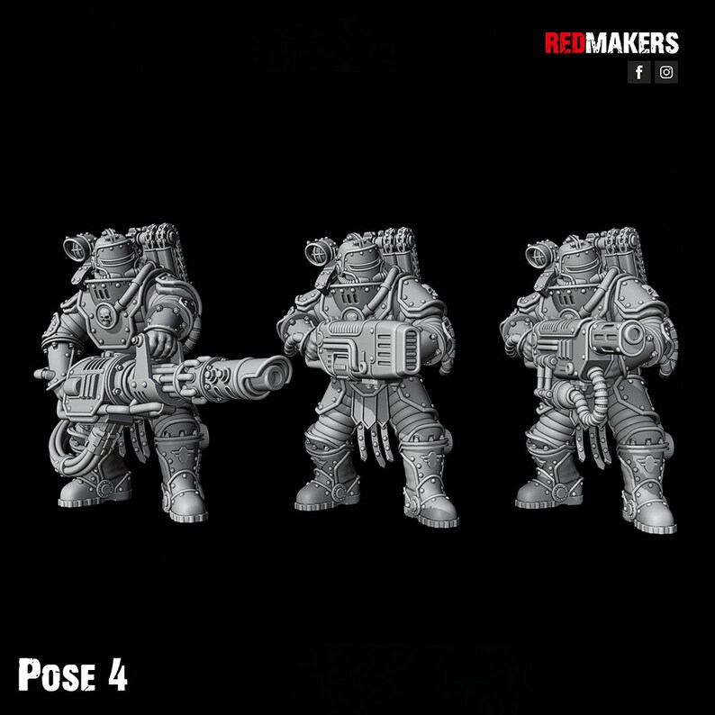 Puede incluir: Tres figuras en miniatura grises y detalladas de robots que sostienen armas. Los robots est&aacute;n de pie en fila, mirando hacia adelante. Las figuras est&aacute;n etiquetadas como "POSE 4".