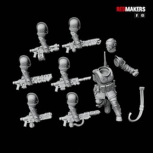 May include: A set of 3D printed miniature figures of soldiers, each with a helmet, a weapon, and a backpack. The figures are in a gray color and are posed in various action poses.