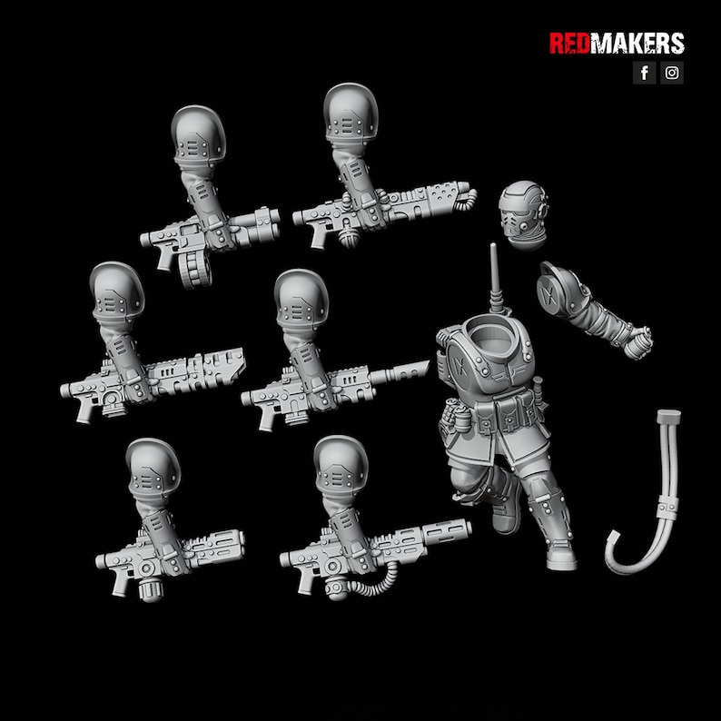 May include: A set of 3D printed miniature figures of soldiers, each with a helmet, a weapon, and a backpack. The figures are in a gray color and are posed in various action poses.
