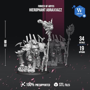 Peut inclure: Une figurine miniature en résine grise intitulée Forces of Abyss Hierophant Abraxxazz, mesurant 83 mm de haut. La figurine présente un design mécanique et blindé avec un bâton, des membres multiples et un placage complexe. 34 détails et 19 options.