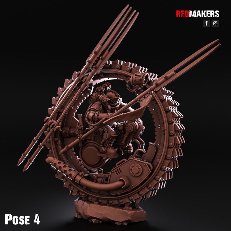 May include: A 3D printed miniature of a steampunk figure riding a large gear wheel with two long, pointed weapons. The figure is wearing a helmet and armor, and the gear wheel has intricate details. The miniature is painted in a brown color.