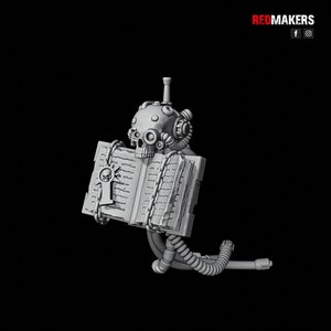 May include: A 3D printed miniature of a skull wearing a helmet and holding a book. The skull is attached to a series of tubes and wires. The book is open and has a skull symbol on the cover.