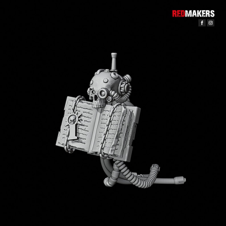 May include: A 3D printed miniature of a skull wearing a helmet and holding a book. The skull is attached to a series of tubes and wires. The book is open and has a skull symbol on the cover.