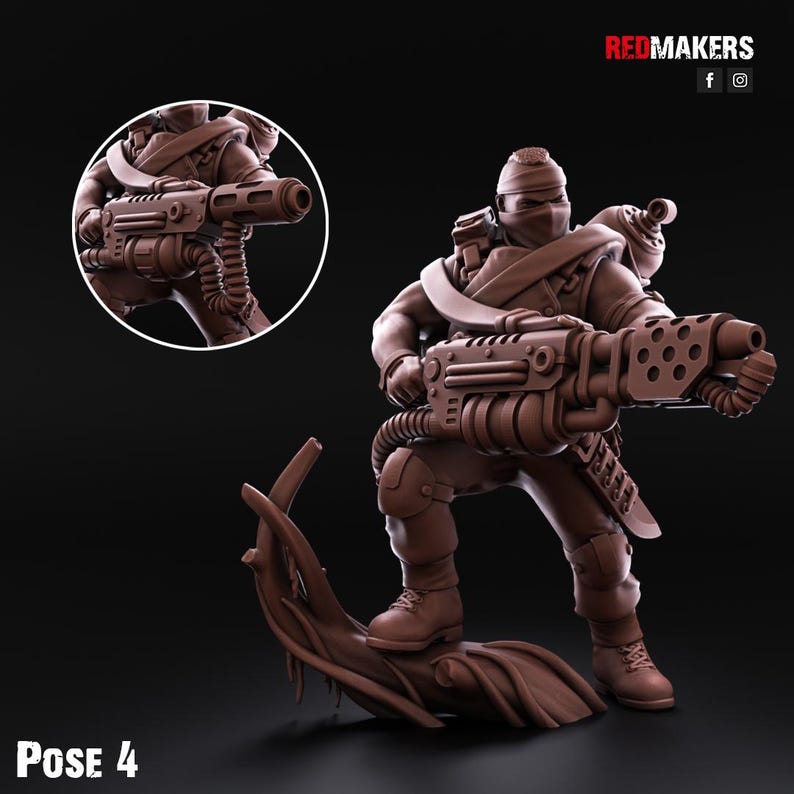 May include: A brown plastic miniature figure of a soldier holding a large gun. The figure is standing on a tree branch base. The figure is wearing a mask and has a backpack. The figure is in a pose called "Pose 4".