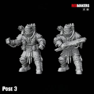 Puede incluir: Dos figuras en miniatura grises y detalladas de soldados de ciencia ficci&oacute;n en una pose de batalla. Las figuras llevan armadura futurista y cascos con calaveras en las placas del pecho. Una figura sostiene un arma, mientras que la otra sostiene un objeto peque&ntilde;o. Las figuras est&aacute;n etiquetadas como "POSE 3".