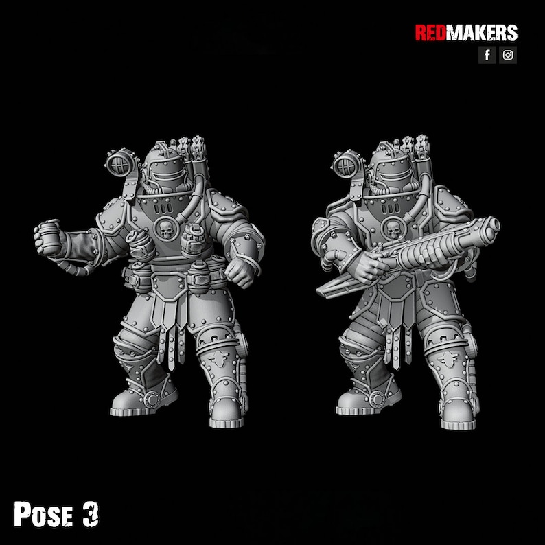 Puede incluir: Dos figuras en miniatura grises y detalladas de soldados de ciencia ficci&oacute;n en una pose de batalla. Las figuras llevan armadura futurista y cascos con calaveras en las placas del pecho. Una figura sostiene un arma, mientras que la otra sostiene un objeto peque&ntilde;o. Las figuras est&aacute;n etiquetadas como "POSE 3".