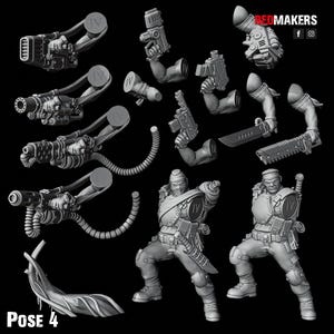 May include: A set of 3D printed miniature figures for tabletop gaming. The figures are posed in a variety of action poses, holding weapons and tools. The figures are made of grey plastic and are ready to be painted.