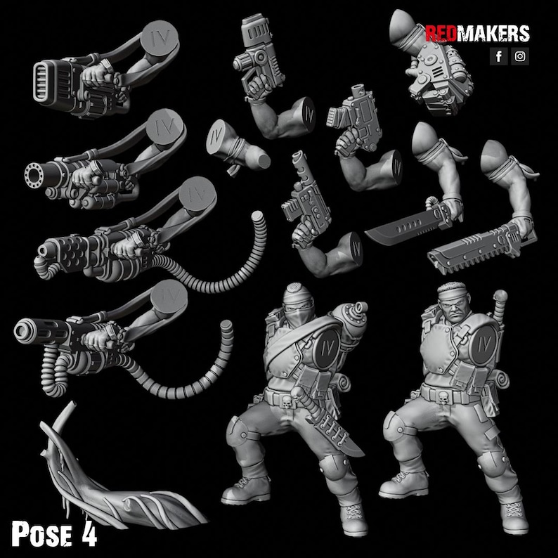 May include: A set of 3D printed miniature figures for tabletop gaming. The figures are posed in a variety of action poses, holding weapons and tools. The figures are made of grey plastic and are ready to be painted.