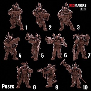 May include: A collection of ten brown miniature figures in various action poses. Each figure is a detailed depiction of a warrior with armor, weapons, and spiked accents. The word "POSES" is at the bottom left, and "REDMAKERS" is at the top right.