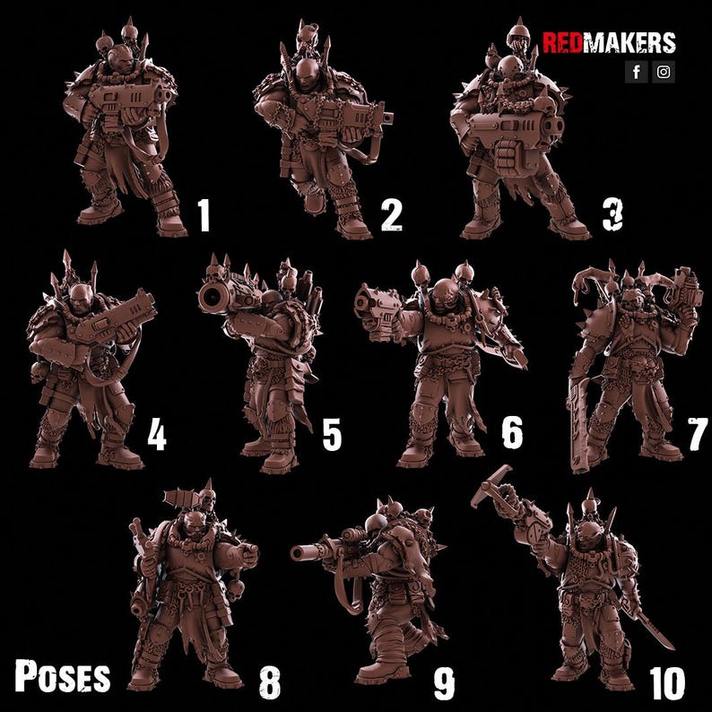 May include: A collection of ten brown miniature figures in various action poses. Each figure is a detailed depiction of a warrior with armor, weapons, and spiked accents. The word "POSES" is at the bottom left, and "REDMAKERS" is at the top right.