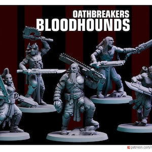 Peut inclure: Cinq figurines miniatures en plastique gris de guerriers avec des épées et des haches. Les figurines sont en position de combat. Les figurines font partie d'un ensemble appelé "Oathbreakers Bloodhounds".