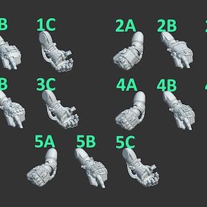 Könnte beinhalten: Zwölf graue, mechanische Armmodelle, jeweils mit einer Zahlen- und Buchstabenkombination gekennzeichnet. Die Arme sind detailliert gestaltet und deuten auf ein futuristisches oder roboterhaftes Thema hin. Sie sind auf einem dunkelgrauen Hintergrund angeordnet.