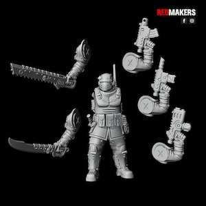 May include: A gray plastic miniature figure of a futuristic soldier with a helmet and a gun. The figure is standing on a black background. The figure is surrounded by four gray plastic miniature weapons.