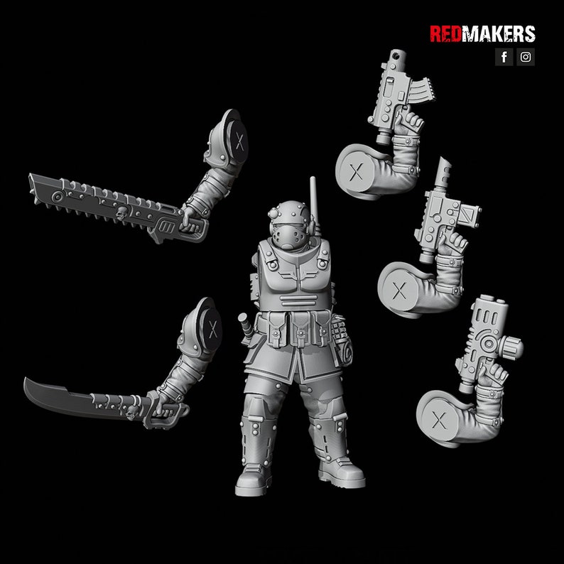May include: A gray plastic miniature figure of a futuristic soldier with a helmet and a gun. The figure is standing on a black background. The figure is surrounded by four gray plastic miniature weapons.