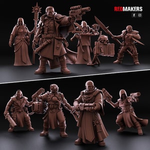 May include: A set of 9 miniature figures in a brown color, depicting characters from a fantasy or science fiction setting. The figures are posed in various action poses, holding weapons and tools. The figures are made of a durable plastic material and are suitable for use in tabletop games or as collectibles.