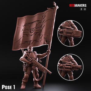 May include: A brown plastic miniature figure of a soldier holding a flag with a skull and crossbones design. The soldier is holding a gun in their other hand. The figure is posed in a standing position. The figure is labelled "Pose 1".