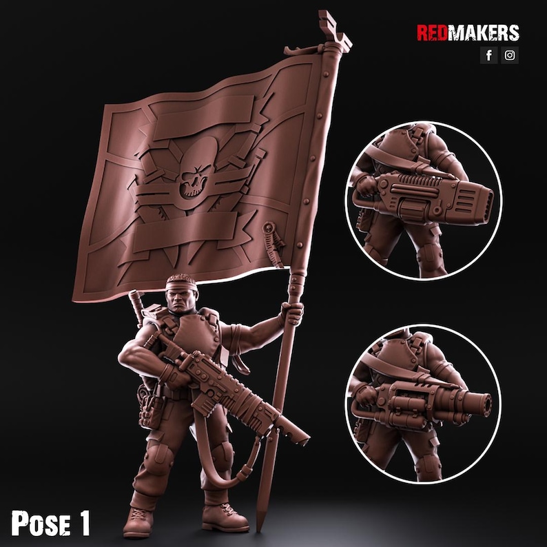 May include: A brown plastic miniature figure of a soldier holding a flag with a skull and crossbones design. The soldier is holding a gun in their other hand. The figure is posed in a standing position. The figure is labelled "Pose 1".