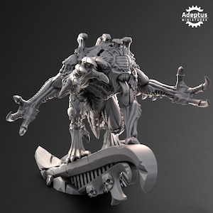May include: A gray, detailed, 3D printed miniature of a monstrous creature with multiple limbs and a long tongue. The creature is standing on a sculpted base with skulls.