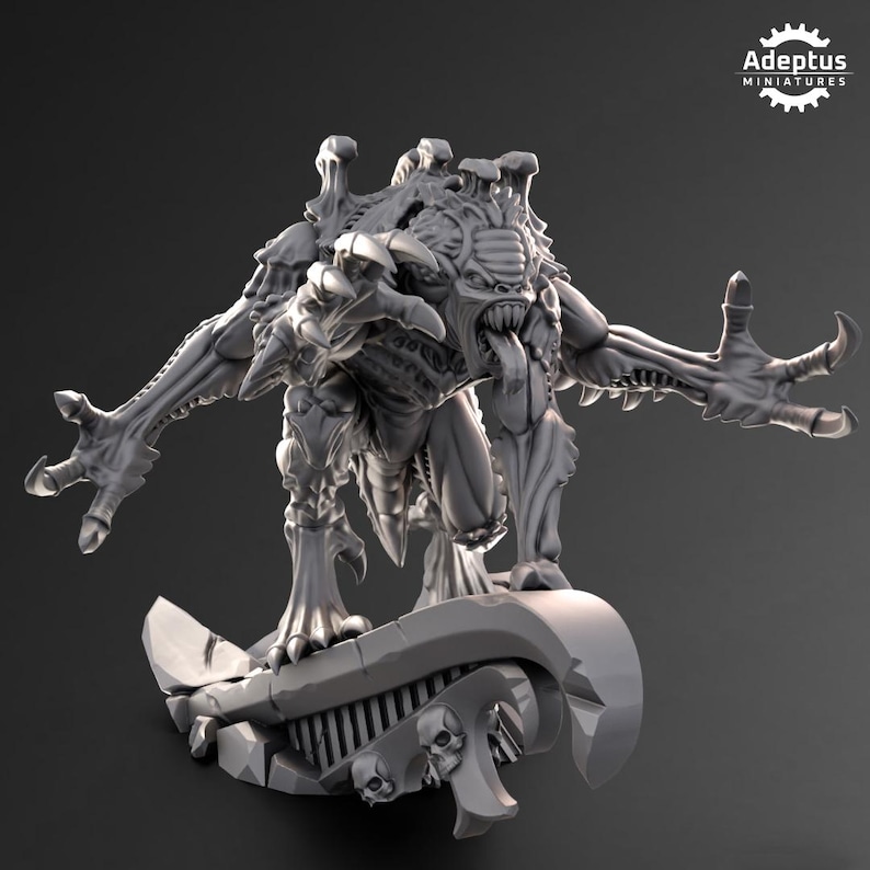 May include: A gray, detailed, 3D printed miniature of a monstrous creature with multiple limbs and a long tongue. The creature is standing on a sculpted base with skulls.