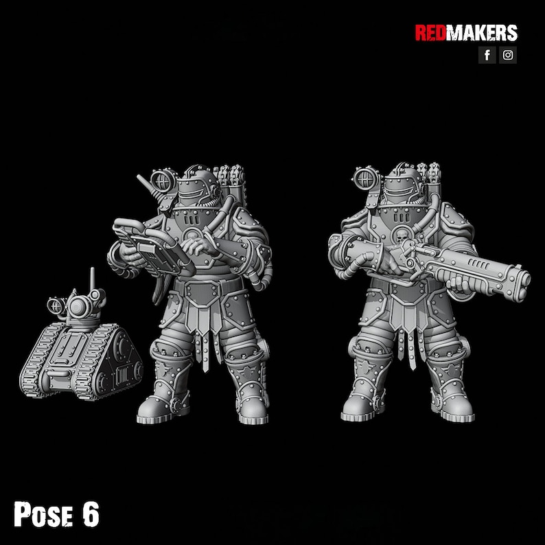 Puede incluir: Dos figuras de robots futuristas grises y detalladas, una sosteniendo un arma y la otra un dispositivo. Un robot gris m&aacute;s peque&ntilde;o est&aacute; en primer plano. El texto "POSE 6" est&aacute; en la parte inferior de la imagen.