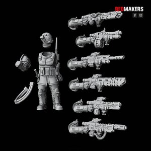May include: A set of six 3D printed miniature sci-fi weapons, including a futuristic rifle, a pistol, and a shotgun. The weapons are detailed and have a gray color.