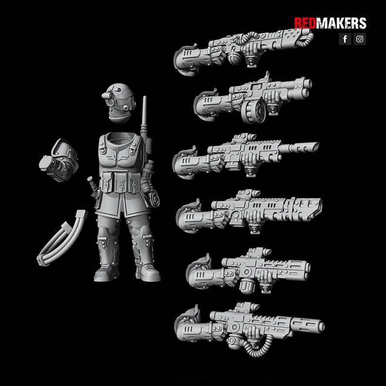 May include: A set of six 3D printed miniature sci-fi weapons, including a futuristic rifle, a pistol, and a shotgun. The weapons are detailed and have a gray color.