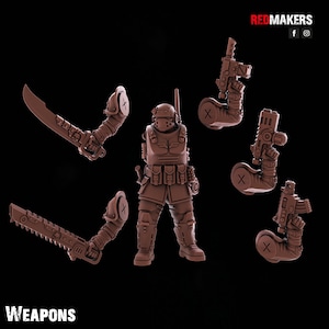 May include: A set of 3D printed miniature weapons for tabletop gaming. The set includes a sword, a chainsaw, and three different guns. The weapons are made of a brown plastic and are ready to be painted.