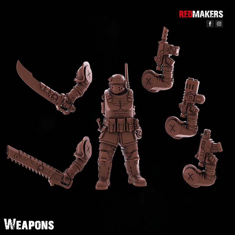 May include: A set of 3D printed miniature weapons for tabletop gaming. The set includes a sword, a chainsaw, and three different guns. The weapons are made of a brown plastic and are ready to be painted.