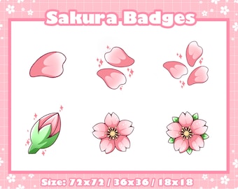May include: Six pink and green cherry blossom flower badges in various sizes. The badges feature a single blossom, a bud, and three different arrangements of petals. The text "Sakura Badges" is at the top of the image. The text "Size: 72x72 / 36x36 / 18x18" is at the bottom of the image.