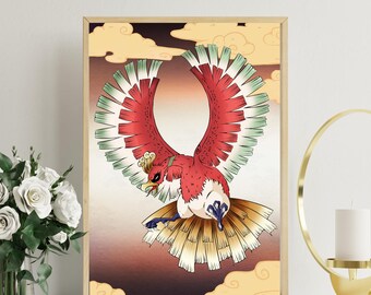 May include: A framed print featuring a stylized illustration of a bird with red, green, and gold plumage, set against a backdrop of clouds and a gradient sky. The bird is depicted in mid-flight, with its wings spread wide.