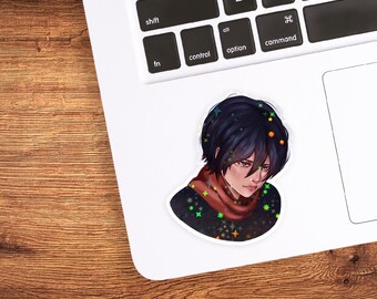 May include: A sticker featuring an anime-style illustration of a person with short, dark hair and a red scarf. The character has a sorrowful expression, with tears visible. The sticker is decorated with star-shaped accents.