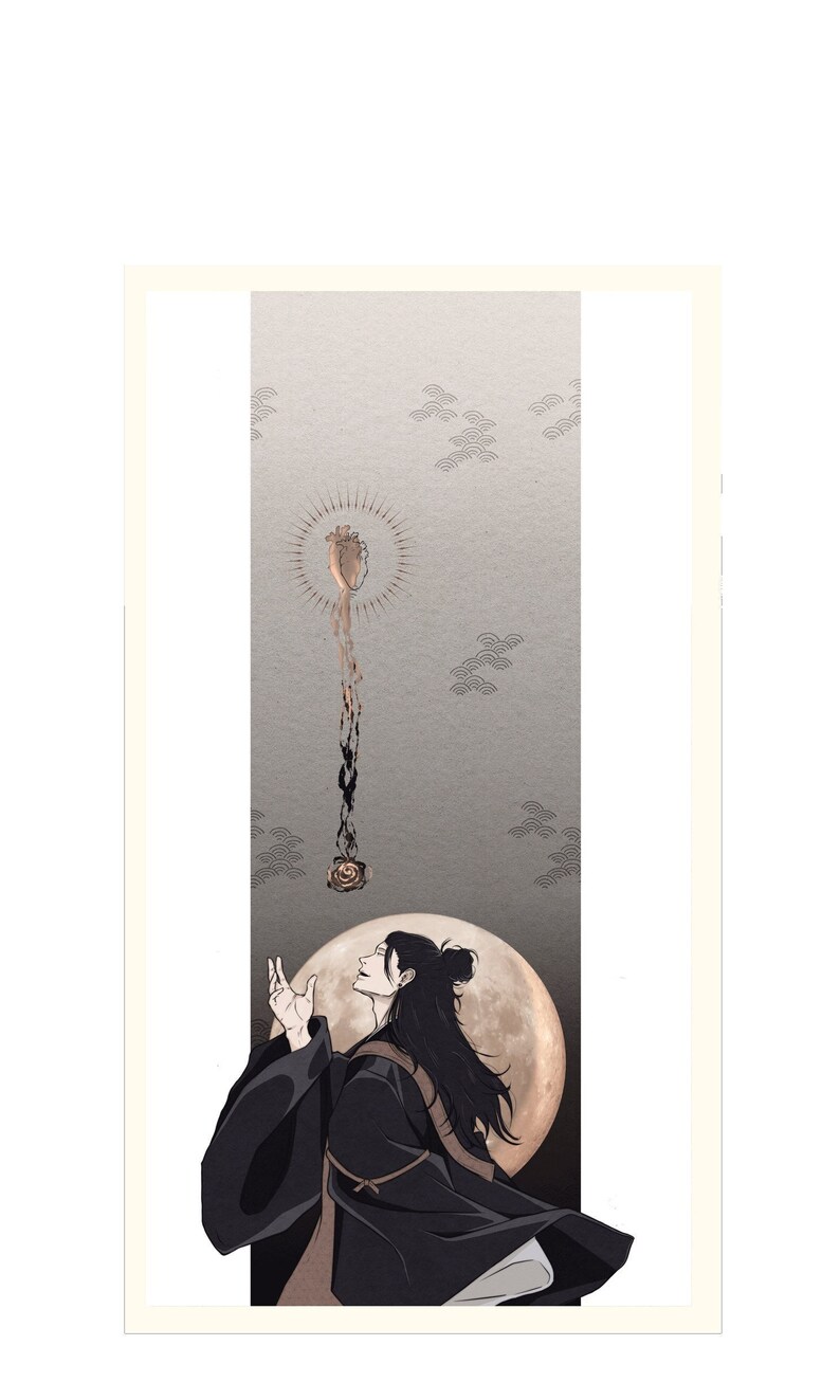 May include: A man in a black robe stands with his arms raised, looking up at a golden heart with a black rose at the bottom. The heart is surrounded by a golden halo and is falling from the sky. The man is standing in front of a large, full moon.