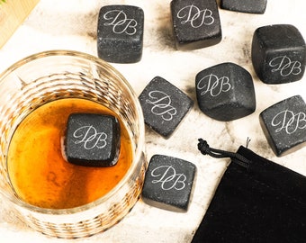 Custom Monogram Whiskey Stone Set, Whiskey Rocks Gift Set, Beverage Stones, Drinker Gifts, Personalized Whiskey, Christmas Gift for Him