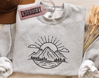 Sudadera de montaña bordada, sudadera con capucha de senderismo bordada, sudadera para fiestas de fin de semana en el lago o acampada, sudadera para viaje a la montaña, viaje por carretera