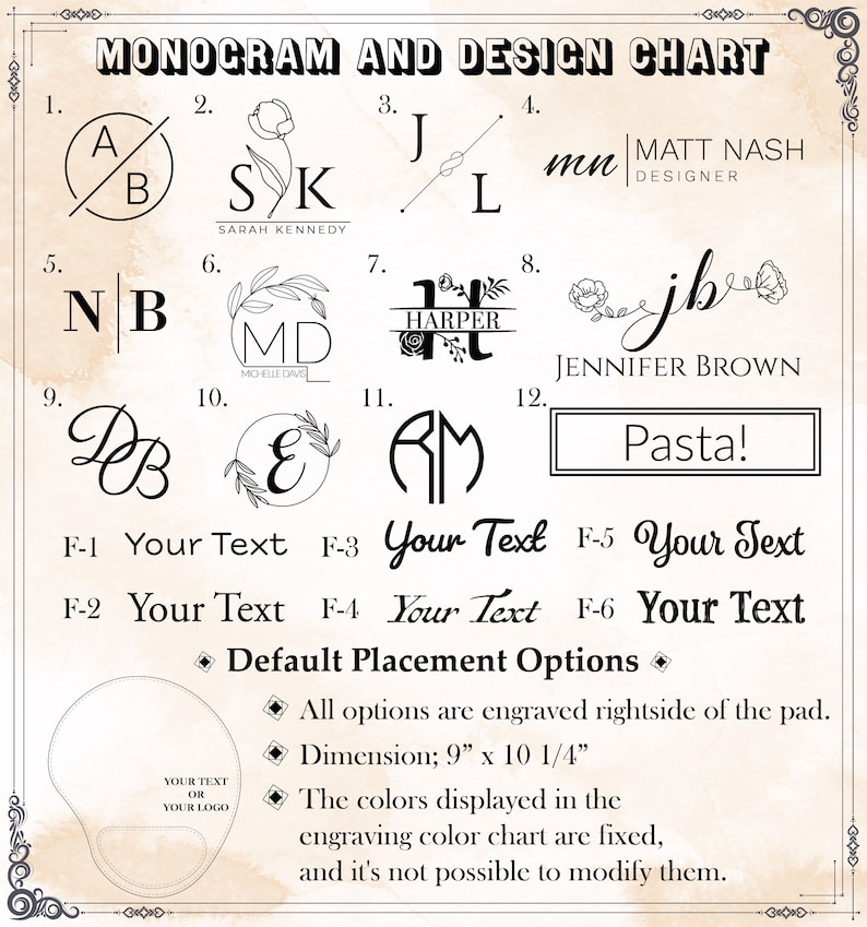 Puede incluir: Un gr&aacute;fico con 12 opciones diferentes de monograma y dise&ntilde;o para una alfombrilla de rat&oacute;n personalizada. El gr&aacute;fico incluye una variedad de fuentes, estilos y dise&ntilde;os, incluyendo elementos florales, letras de escritura y letras cl&aacute;sicas en bloque. El gr&aacute;fico tambi&eacute;n incluye el texto "Opciones de colocaci&oacute;n predeterminadas" e informaci&oacute;n sobre el tama&ntilde;o y las opciones de color de la alfombrilla de rat&oacute;n.