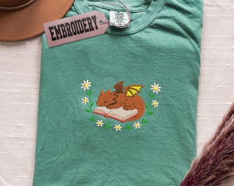 Comfort Colors Embroidered Fantasy Reading Shirt, Embroidery Dragon Shirt, Book Lover Shirt, Book Lover Club Gift, Dragon and Flowers Tee