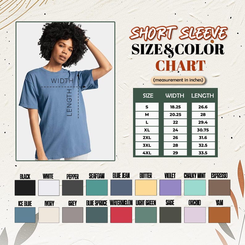 May include: A woman wearing a blue short-sleeve t-shirt. The image includes a size and color chart with measurements in inches. The chart lists sizes S to 4XL, with width and length measurements. Color options include black, white, and various other colors.