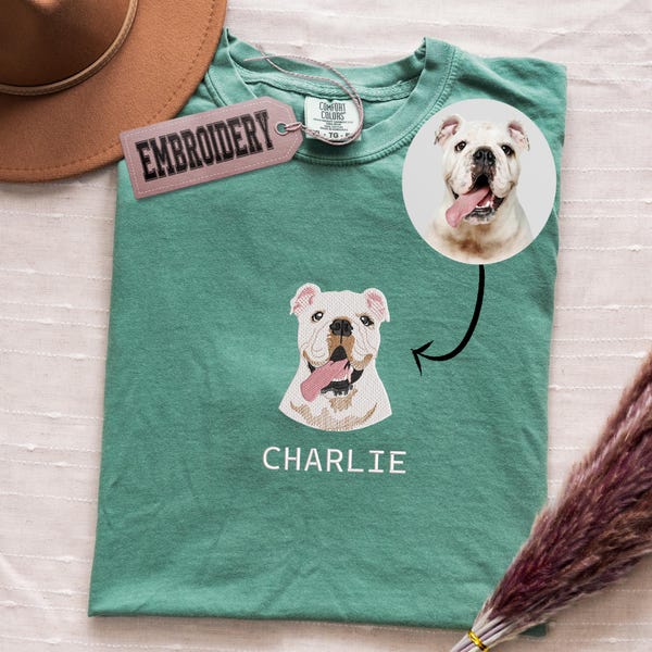 Comfort Colors Custom Dog Photo Shirt, Embroidered Pet Portrait Shirt, Embroidery Personalized Cat Shirt, Cat Lovers Shirt, Gift for Mom