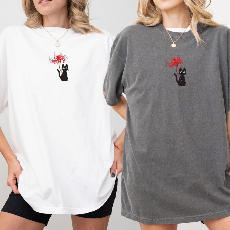 Comfort Colors Embroidered Shirt, Black Cat & Flower Shirt, Cat Lover ...