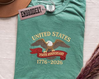 Comfort kleuren geborduurd shirt, retro Amerika shirt, patriottisch shirt, shirt VS 250e verjaardag, shirt 1776-2026, shirt van Fourth Of July