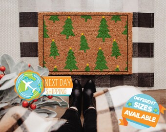 Christmas Trees Welcome Mat, Doormat with Christmas Prints, Holiday Season Decor, Coir Mat, Front Door Decor, Winter Doormat, Xmas Gift