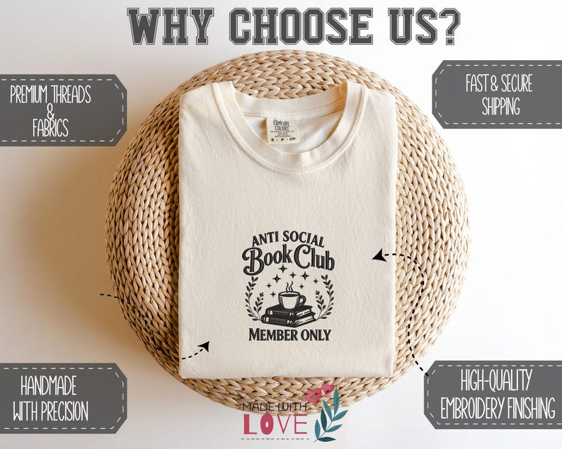 May include: Cream-colored t-shirt with the text "ANTI SOCIAL Book Club MEMBER ONLY" in black. The shirt is displayed on a woven, circular surface. The image also includes text that says "PREMIUM THREADS & FABRICS", "HANDMADE WITH PRECISION", and "HIGH-QUALITY EMBROIDERY FINISHING".