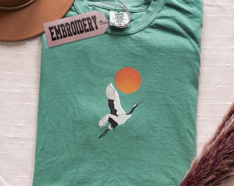 Comfort Colors Embroidered Shirt, Crane Bird Shirt, Japanese Crane Shirt, Rising Sun Shirt, Nature Inspired Shirt, Minimalist Shirt
