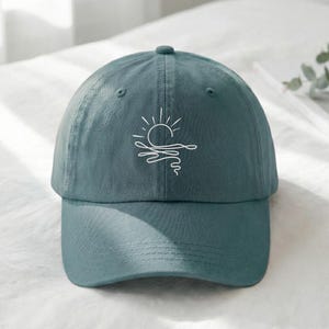 Minimal Sun Embroidered Hat, Ocean Sunset Line Art Cap, Coastal Aesthetic Dad Hat, Boho Summer Baseball Cap, Beach Gift, Embroidered Cap