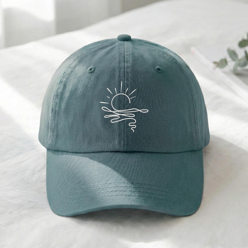Minimal Sun Embroidered Hat, Ocean Sunset Line Art Cap, Coastal Aesthetic Dad Hat, Boho Summer Baseball Cap, Beach Gift, Embroidered Cap image 1