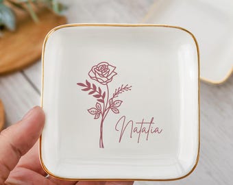 Trinket Dish with Birth Flower, Floral Printed Jewelry Dish, Ceramic Ring Dish, Colorful Prints, Unique Gift, Mom Gift, Gift for Her