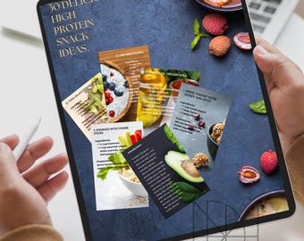 May include: A tablet screen displaying 30 delicious high protein snack ideas. The screen shows several recipe cards with ingredients and instructions for snacks like Greek yogurt with honey and nuts, hummus with veggie sticks, and tuna salad lettuce wraps. The background is a dark blue textured surface with a bowl of red soup and lychee fruit.