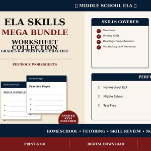 May include: A digital educational resource titled ELA Skills Mega Bundle Worksheet Collection for grades 6-8. It features sections for skills covered, including grammar and writing, and lists contents like worksheet bundles and answer keys.