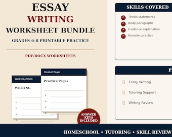 Middle School Essay Writing Worksheet Bundle | Grades 6–8 Printable PDF, Homeschool ELA Writing