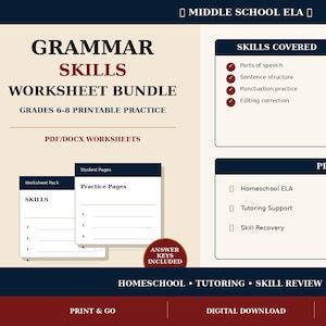 May include: A digital grammar skills worksheet bundle for middle school ELA, grades 6-8. Includes PDF and DOCX files with student worksheets, review pages, skill checks, and answer keys. Covers parts of speech, sentence structure, and punctuation.